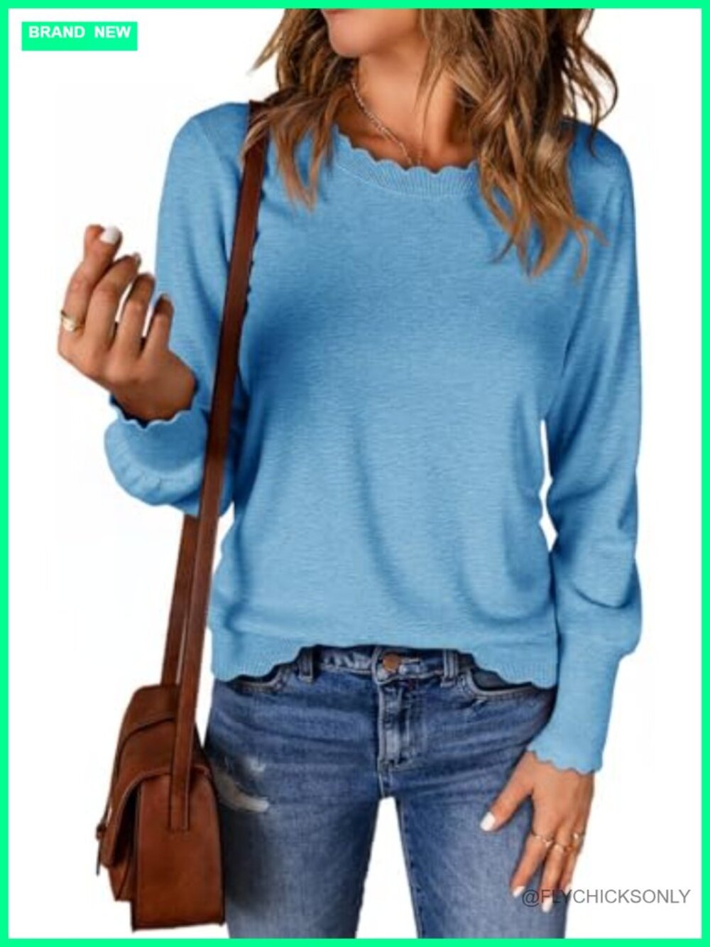 Women's Crewneck Long Sleeve Scallop Trim Pullover Sweater Lightweight Knit